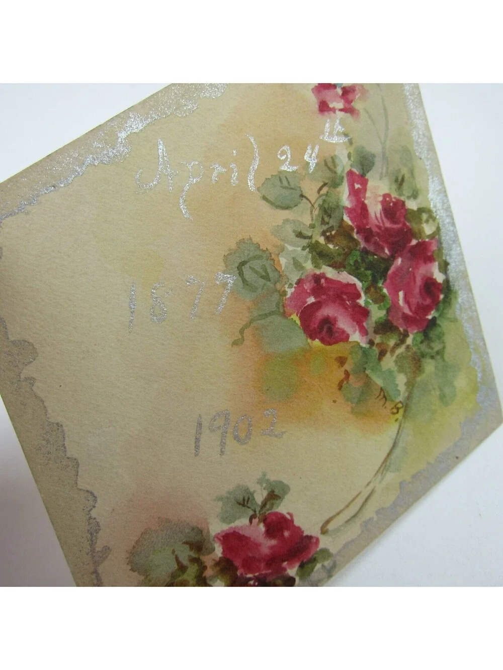 Victorian Card Watercolor Red Roses Flowers Green Leaves Silver Trim Antique